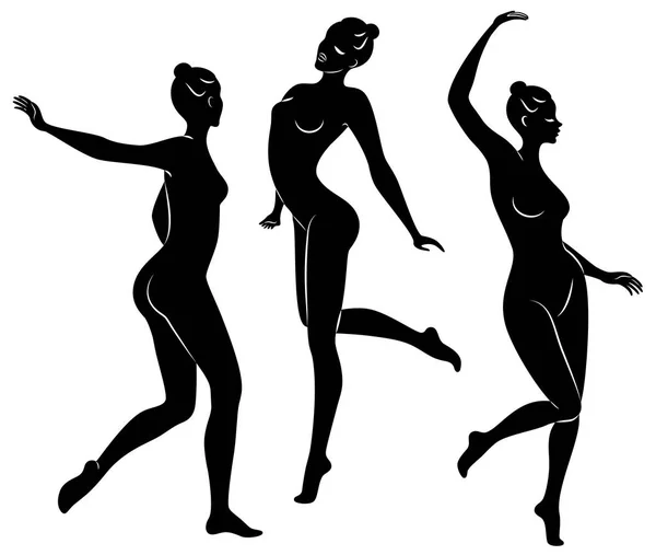 Collecte. Silhouette de dame mince. Gymnaste. La femme est flexible et gracieuse. Elle saute. Image graphique. Jeu d'illustrations vectorielles . — Image vectorielle