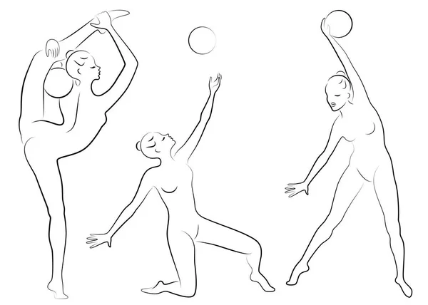 Collectie. Silhouet van slanke dame. Meisje gymnast. De vrouw is flexibel en sierlijk. Ze speelt de bal. Grafische afbeelding. Vector illustratie instellen. — Stockvector