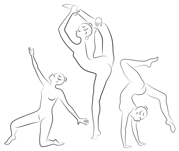 Collectie. Silhouet van slanke dame. Meisje gymnast. De vrouw is flexibel en sierlijk. Ze springt. Grafische afbeelding. Vector illustratie instellen. — Stockvector