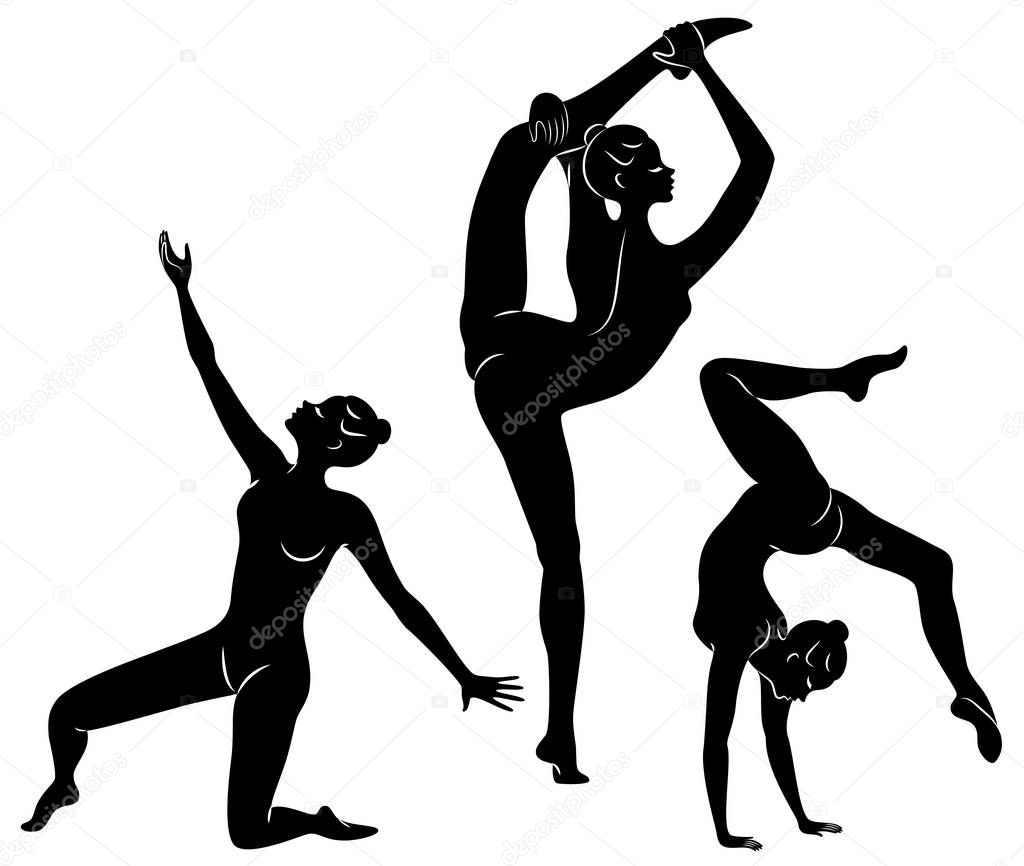 Collection. Silhouette of slender lady. Girl gymnast. The woman is flexible and graceful. She is jumping. Graphic image. Vector illustration set.