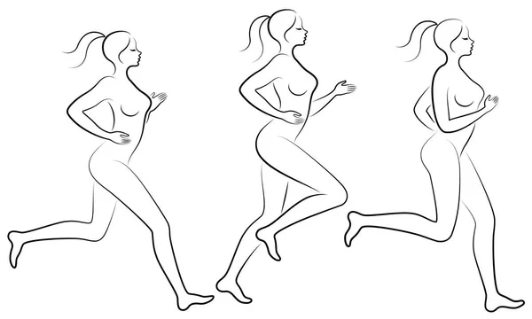 Коллекция. Силуэт стройных дам. Девушка бежит. Женщина занимается спортом, укрепляет здоровье. Набор векторных иллюстраций — стоковый вектор