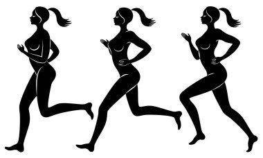 Koleksiyon. İnce Bayan silueti. Kız koşuyor. Kadın spor için girer, sağlığını güçlendirir. Vektör çizim seti