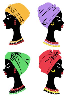 Sevimli bir bayan ın başının koleksiyonu. Afro-Amerikalı bir kızın kafasına şal örülmüş, sarık. Kadın profilleri güzel ve şık. Vektör çizimleri kümesi