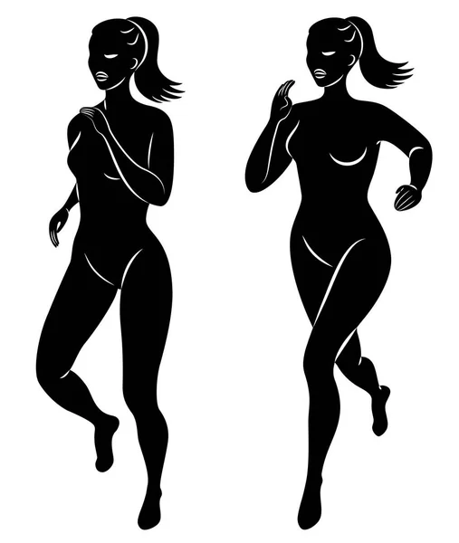 Colección. Silueta de dama delgada. La chica está huyendo. La mujer va a los deportes, fortalece la salud. Juego de ilustración vectorial — Vector de stock