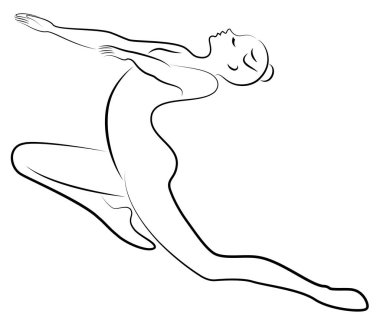 İnce bayanın silueti. Kız jimnastikçi. Kadın esnek ve zarif. Atlıyor. Grafik görüntüsü. Vektör çizimi