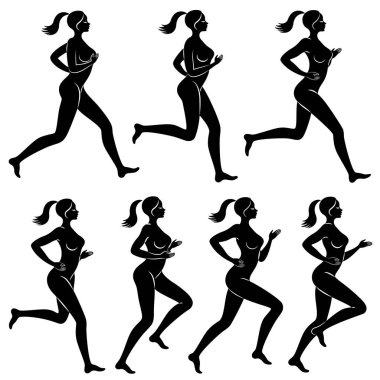 Koleksiyon. İnce Bayan silueti. Kız koşuyor. Kadın spor için girer, sağlığını güçlendirir. Vektör çizim seti