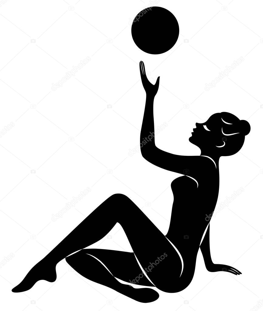 Silhouette of slender lady. The girl plays the ball. Female gymnast. Graphic image. Vector illustration