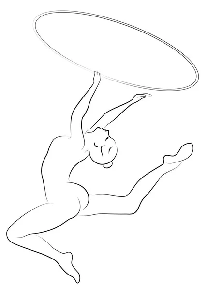 Silhouette di signora snella. Una ginnasta femmina. La donna è flessibile e aggraziata. Sta saltando. con un cerchio in mano. Immagine grafica. Illustrazione vettoriale — Vettoriale Stock
