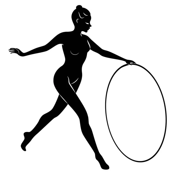Rhythmische Sportgymnastik. Silhouette eines Mädchens mit einem Reifen. Schöne Turnerin. Die Frau ist schlank und jung. Vektorillusion — Stockvektor