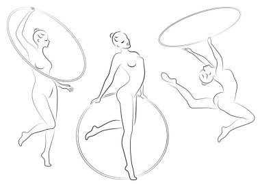 Koleksiyon. Ritmik jimnastik. Çemberi olan bir kızın silueti. Güzel jimnastikçi. Kadın ince ve genç. Vektör illustation seti.