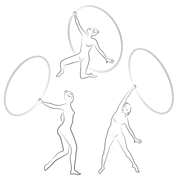 Collecte. Gymnastique rythmique. Silhouette d'une fille avec un cerceau. Belle gymnaste. La femme est mince et jeune. Ensemble illustation vectorielle . — Image vectorielle