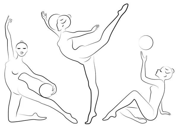 Basic Rgbcollection. Silhouet van slanke dame. Meisje gymnast. De vrouw is flexibel en sierlijk. Ze speelt de bal. Grafische afbeelding. Vector illustratie instellen — Stockvector