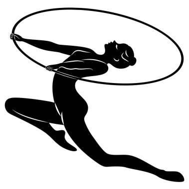 Ritmik jimnastik. Çemberi olan bir kızın silueti. Güzel jimnastikçi. Kadın ince ve genç. Vektör illustation