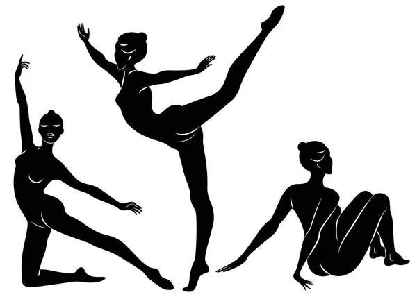 Collectie. Silhouet van slanke dame. Meisje gymnast. De vrouw is flexibel en sierlijk. Ze springt. Grafische afbeelding. Vector illustratie instellen. — Stockvector