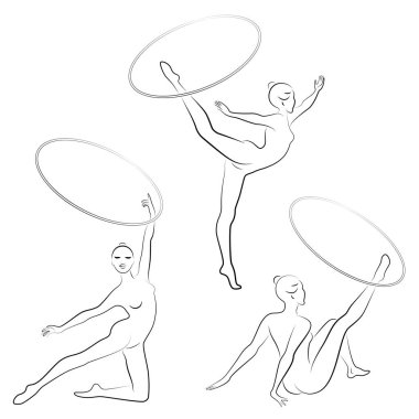 Koleksiyon. Ritmik jimnastik. Çemberi olan bir kızın silueti. Güzel jimnastikçi. Kadın ince ve genç. Vektör illustation seti.