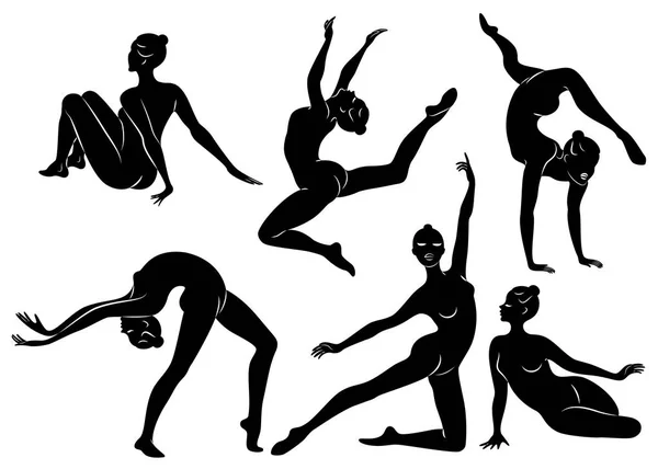 Colección. Silueta de dama delgada. Chica gimnasta. La mujer es flexible y elegante. Está saltando. Imagen gráfica. Juego de ilustración vectorial — Archivo Imágenes Vectoriales
