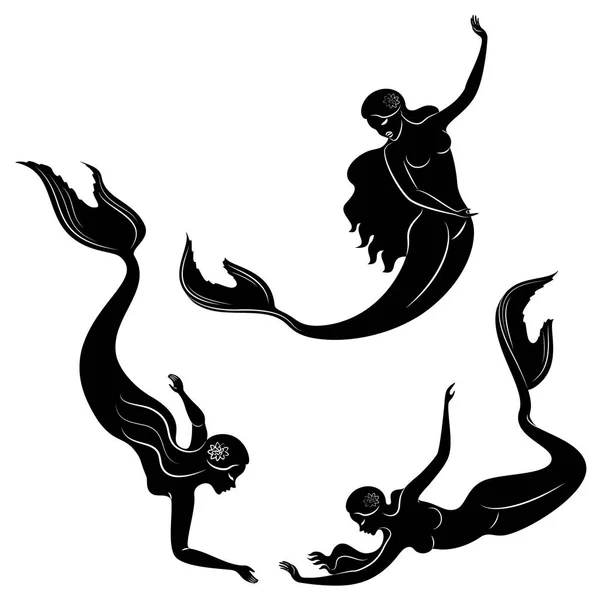 Sammlung. Silhouette einer Meerjungfrau. schöne Mädchen schwimmt im Wasser. Die Dame ist jung und schlank. Fantastisches Bild eines Märchens. Vektor Illustration Set — Stockvektor