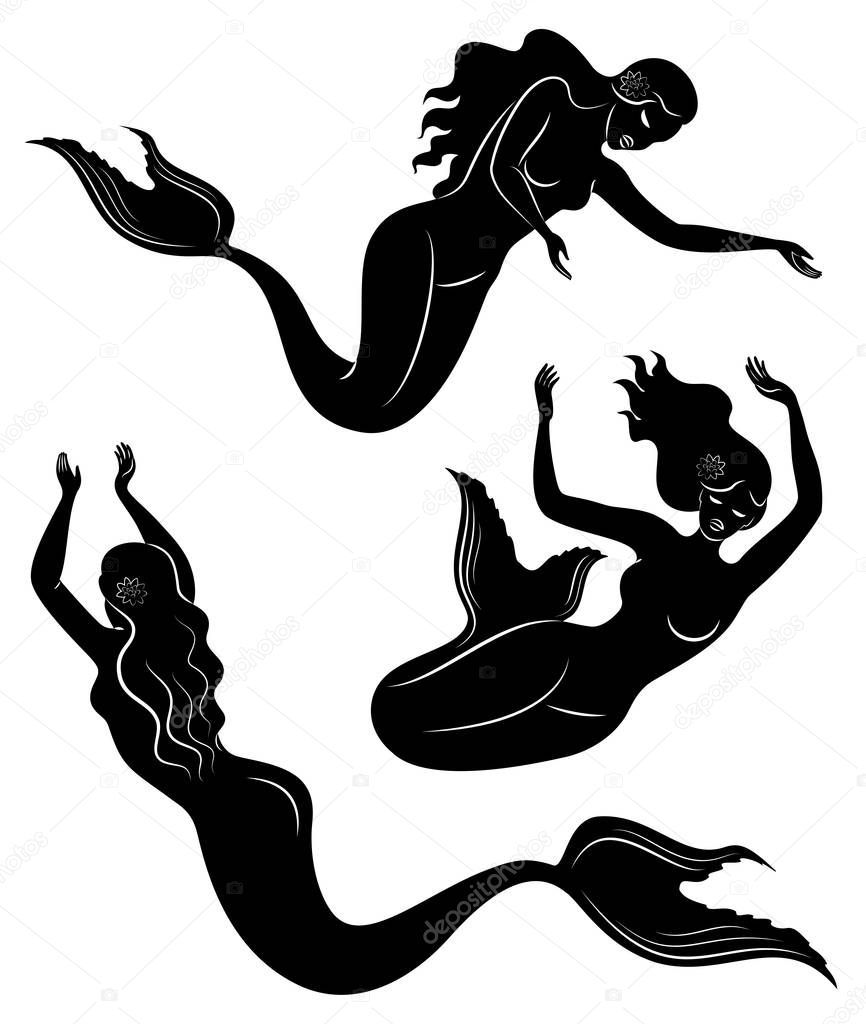 Collection. Silhouette of a mermaid. Beautiful girl swims in the water. The lady is young and slim. Fantastic image of a fairy tale. Vector illustration set