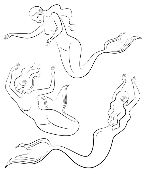 Gyűjtemény. Sziluettje egy sellő. Gyönyörű lány úszik a vízben. A hölgy fiatal és karcsú. Fantasztikus kép egy mese. Vektoros illusztrációs készlet — Stock Vector