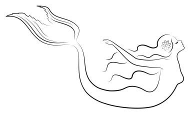 Bir denizkızının silueti. Güzel kız suda yüzüyor. Bayan genç ve ince. Bir peri masalı fantastik görüntü. Vektör çizimi