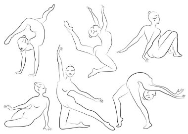 Koleksiyon. İnce Bayan silueti. Kız jimnastikçi. Kadın esnek ve zarif. O atlıyor. Grafik görüntü. Vektör çizim seti