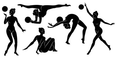 Koleksiyon. Ritmik jimnastik. Çemberi olan bir kızın silueti. Güzel jimnastikçi. Kadın ince ve genç. Vektör çizimi