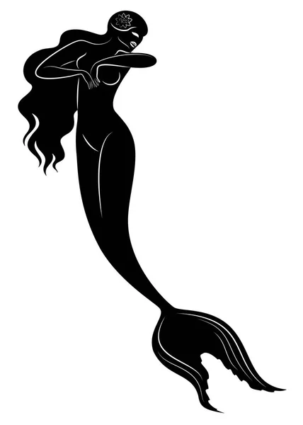 Silhueta de uma sereia. Menina bonita está flutuando na água. A senhora é jovem e magra. Imagem fantástica de um conto de fadas. Ilustração vetorial —  Vetores de Stock