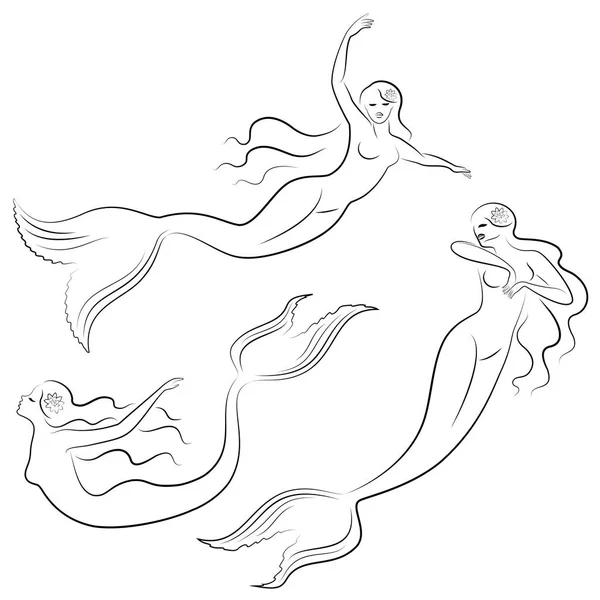 Gyűjtemény. Sziluettje egy sellő. Gyönyörű lány úszik a vízben. A hölgy fiatal és karcsú. Fantasztikus kép egy mese. Vektoros illusztrációs készlet. — Stock Vector