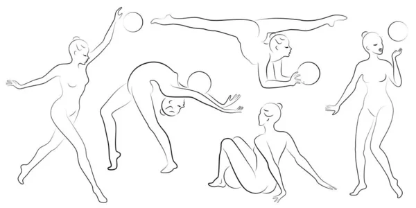 Koleksiyon. Ritmik jimnastik. Çemberi olan bir kızın silueti. Güzel jimnastikçi. Kadın ince ve genç. Vektör çizimi