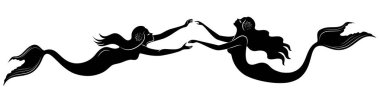 İki denizkızı silueti. Güzel kızlar suda yüzüyor, dans ediyor. Bayan genç ve ince. Bir peri masalı fantastik görüntü. Vektör Illustration