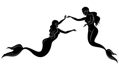 İki denizkızı silueti. Güzel kızlar suda yüzüyor, dans ediyor. Bayan genç ve ince. Bir peri masalı fantastik görüntü. Vektör Illustration