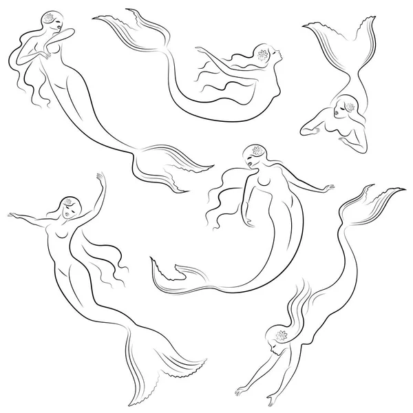 Koleksiyon. Bir denizkızı silueti. Güzel kız suda yüzerler. Bayan genç ve ince. Bir peri masalı fantastik görüntü. Vektör çizim seti.