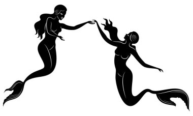 İki denizkızı silueti. Güzel kızlar suda yüzüyor, dans ediyor. Bayan genç ve ince. Bir peri masalı fantastik görüntü. Vektör Illustration