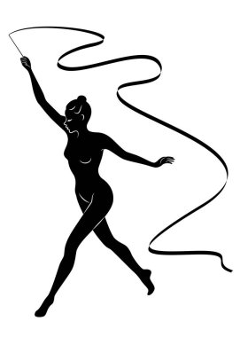 Ritmik jimnastik. Kurdele olan bir kızın silueti. Güzel jimnastikçi. Kadın ince ve genç. Vektör Illustration.