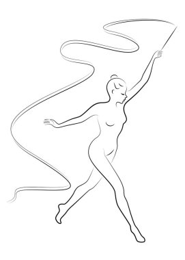 Ritmik jimnastik. Kurdele olan bir kızın silueti. Güzel jimnastikçi. Kadın ince ve genç. Vektör Illustration.