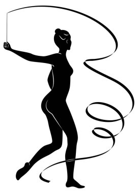 Ritmik jimnastik. Kurdele olan bir kızın silueti. Güzel jimnastikçi. Kadın ince ve genç. Vektör Illustration