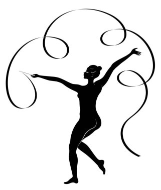 Ritmik jimnastik. Kurdele olan bir kızın silueti. Güzel jimnastikçi. Kadın ince ve genç. Vektör Illustration.