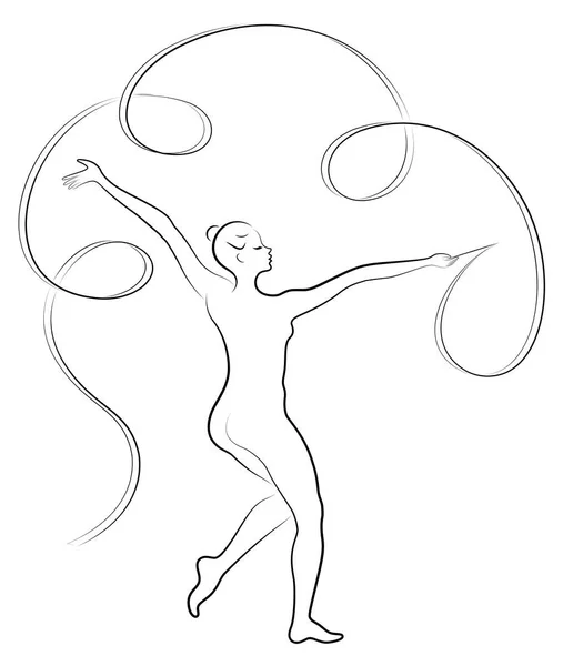 Ritmik jimnastik. Kurdele olan bir kızın silueti. Güzel jimnastikçi. Kadın ince ve genç. Vektör Illustration. — Stok Vektör