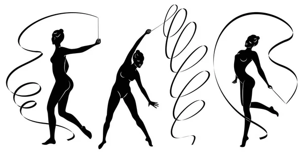 Sammlung. Rhythmische Sportgymnastik. Silhouette eines Mädchens mit Schleife. Schöne Turnerin. Die Frau ist schlank und jung. Vektor Illustration Set. — Stockvektor