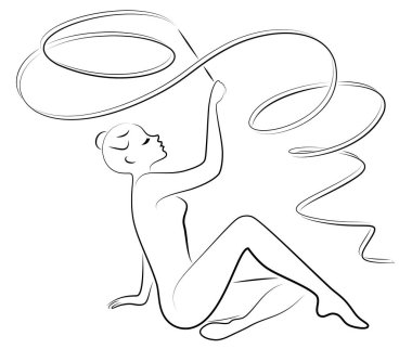 Ritmik jimnastik. Kurdele olan bir kızın silueti. Güzel jimnastikçi. Kadın ince ve genç. Vektör Illustration