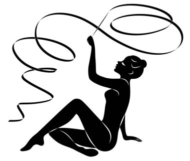 Ritmik jimnastik. Kurdele olan bir kızın silueti. Güzel jimnastikçi. Kadın ince ve genç. Vektör Illustration