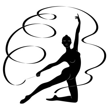 Ritmik jimnastik. Kurdele olan bir kızın silueti. Güzel jimnastikçi. Kadın ince ve genç. Vektör Illustration.