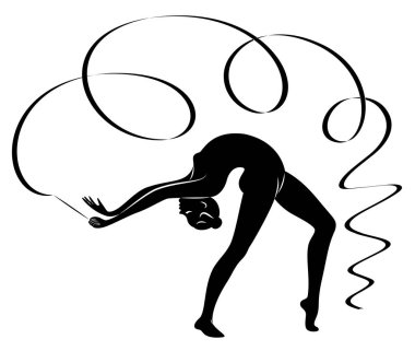 Ritmik jimnastik. Kurdele olan bir kızın silueti. Güzel jimnastikçi. Kadın ince ve genç. Vektör Illustration.