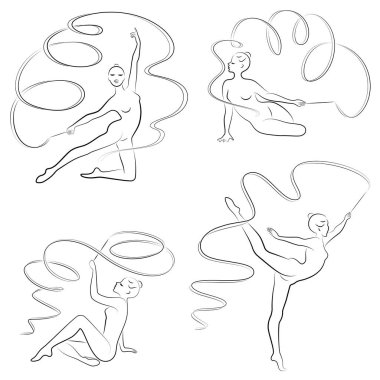 Koleksiyon. Ritmik jimnastik. Kurdeleli bir kızın silueti. Güzel jimnastikçi. Kadın ince ve genç. Vektör illüstrasyon seti.