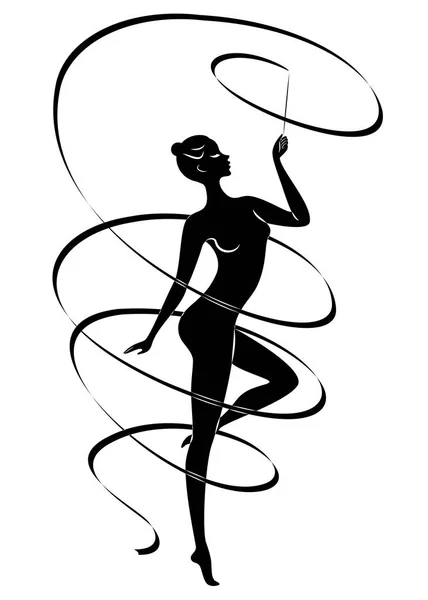 Ritmische gymnastiek. Silhouet van een meisje met een lint. Mooie gymnast. De vrouw is slank en jong. Vector illustratie — Stockvector