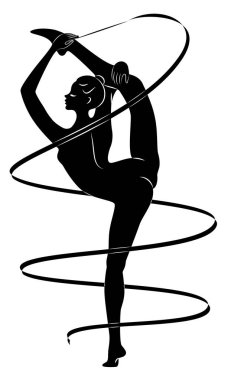Ritmik jimnastik. Kurdele olan bir kızın silueti. Güzel jimnastikçi. Kadın ince ve genç. Vektör Illustration.