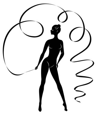 Ritmik jimnastik. Kurdele olan bir kızın silueti. Güzel jimnastikçi. Kadın ince ve genç. Vektör Illustration.