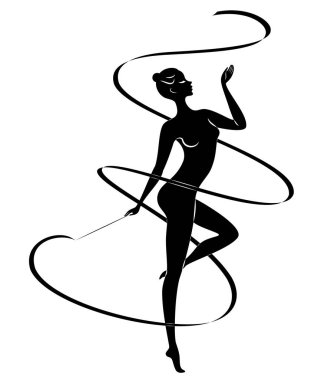 Ritmik jimnastik. Kurdele olan bir kızın silueti. Güzel jimnastikçi. Kadın ince ve genç. Vektör Illustration.