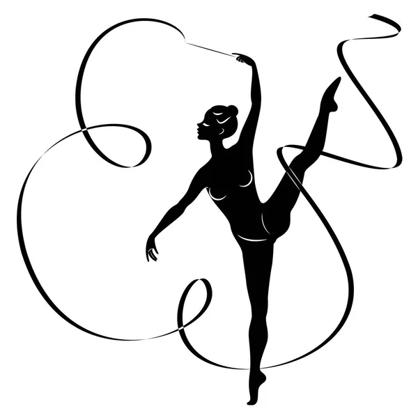 Ritmische gymnastiek. Silhouet van een meisje met een lint. Mooie gymnast. De vrouw is slank en jong. Vector illustratie — Stockvector