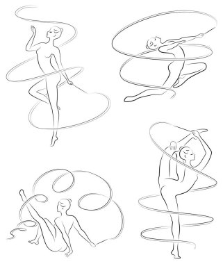 Koleksiyon. Ritmik jimnastik. Kurdeleli bir kızın silueti. Güzel jimnastikçi. Kadın ince ve genç. Vektör illüstrasyon seti.